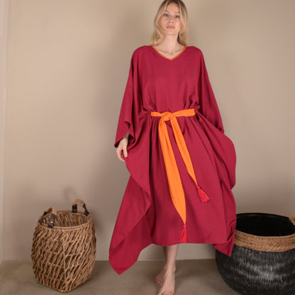 Kimono dress cherry color and tangerine colored belt