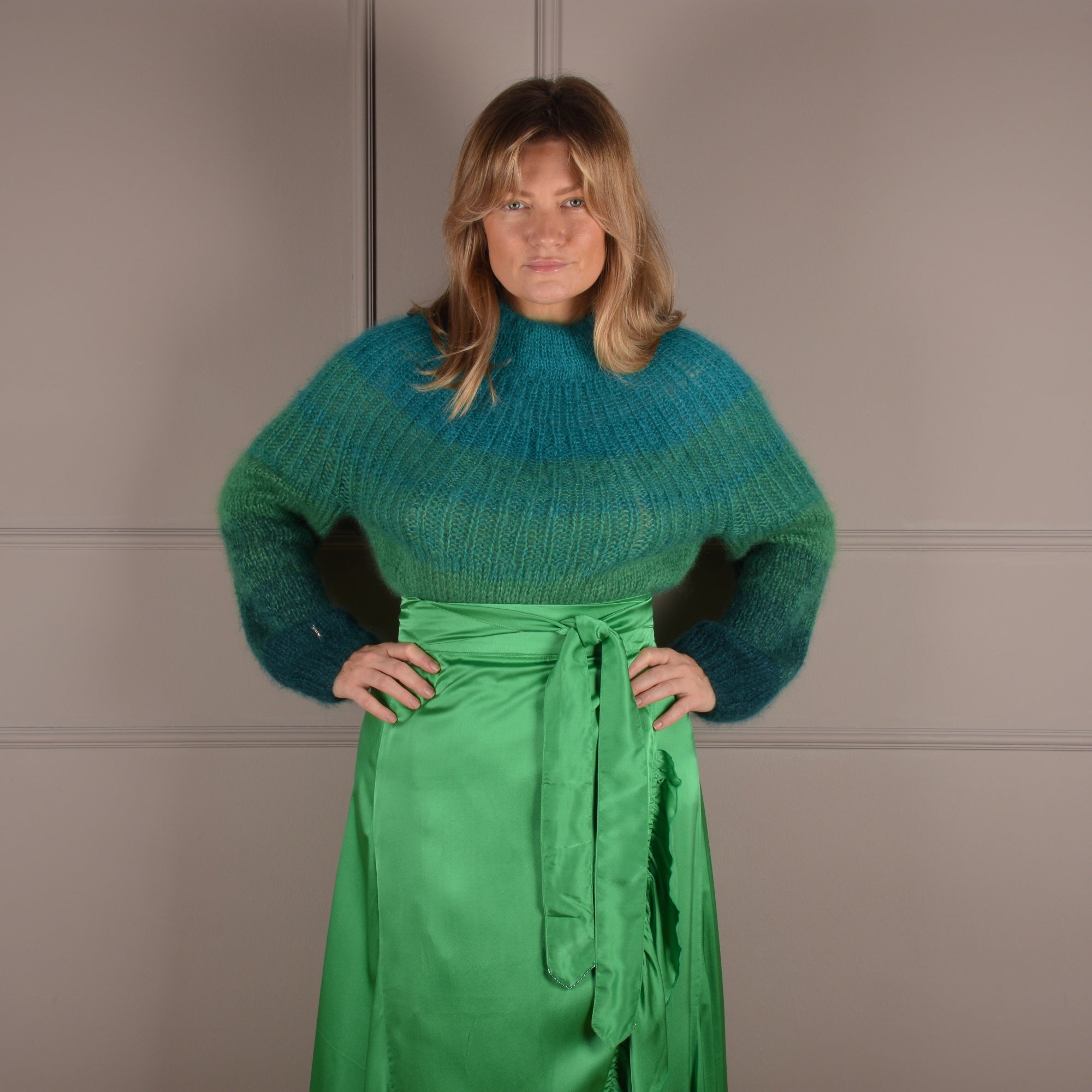 Green hand-dyed silk wrap skirt