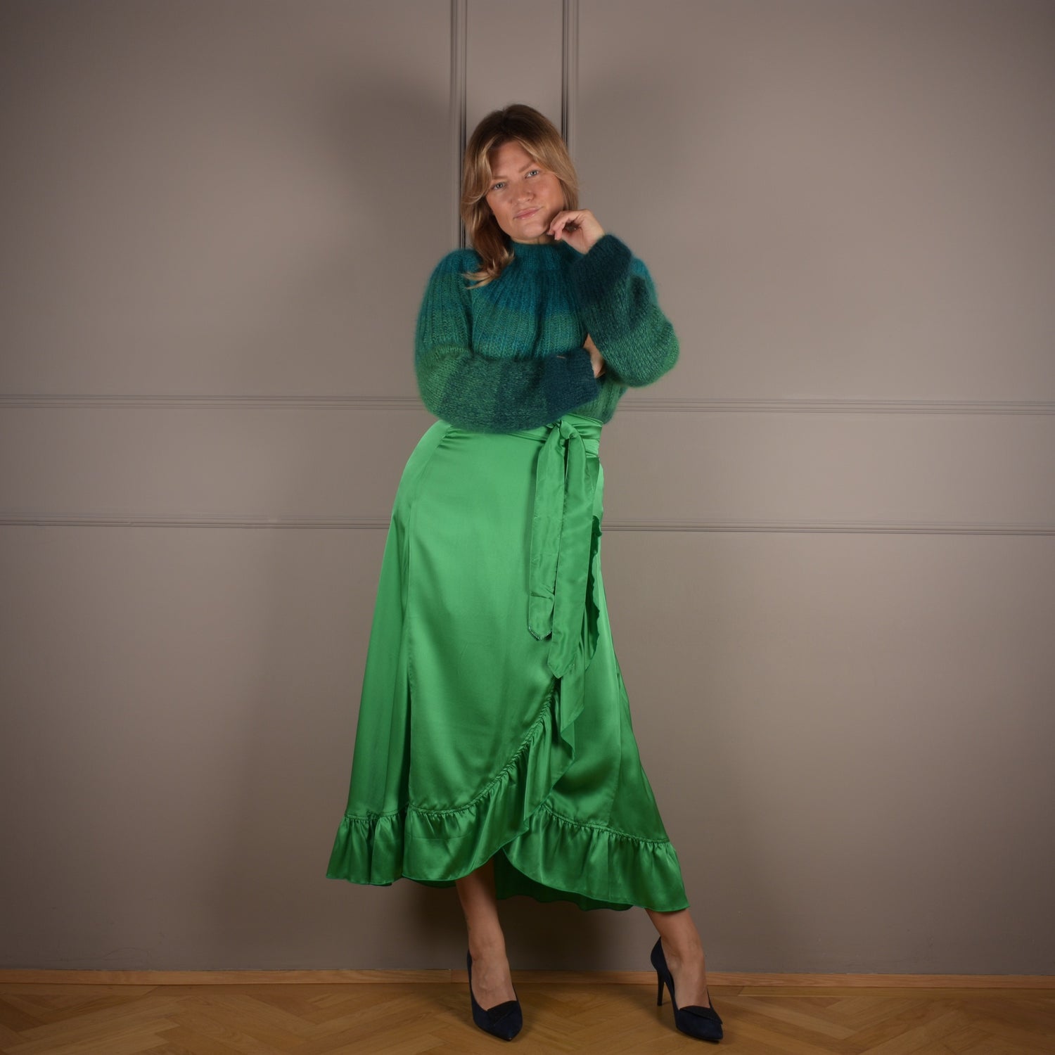 Mohair and Silk Pullover with a Silk Skirt in green colors