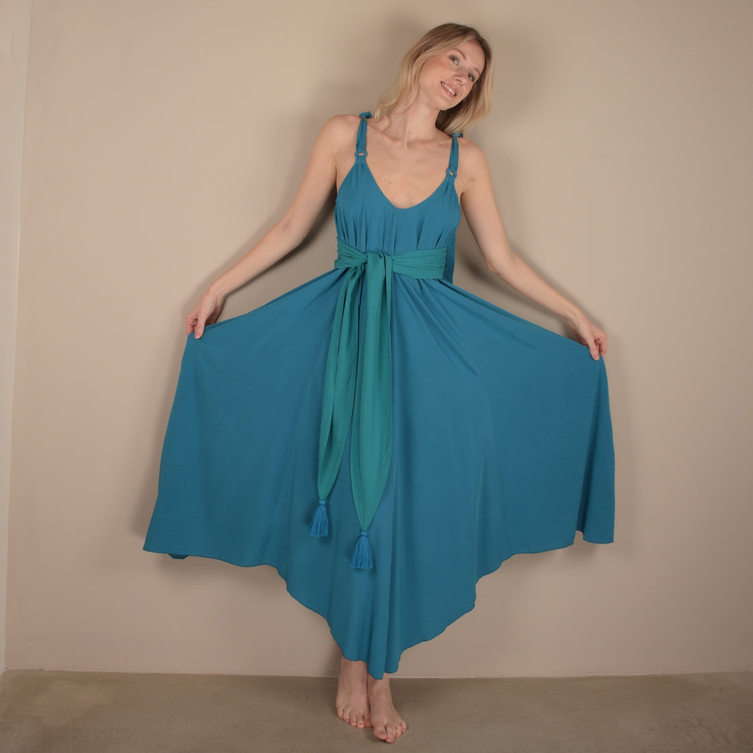 Petrol Maxi dress with wide deep green colored belt