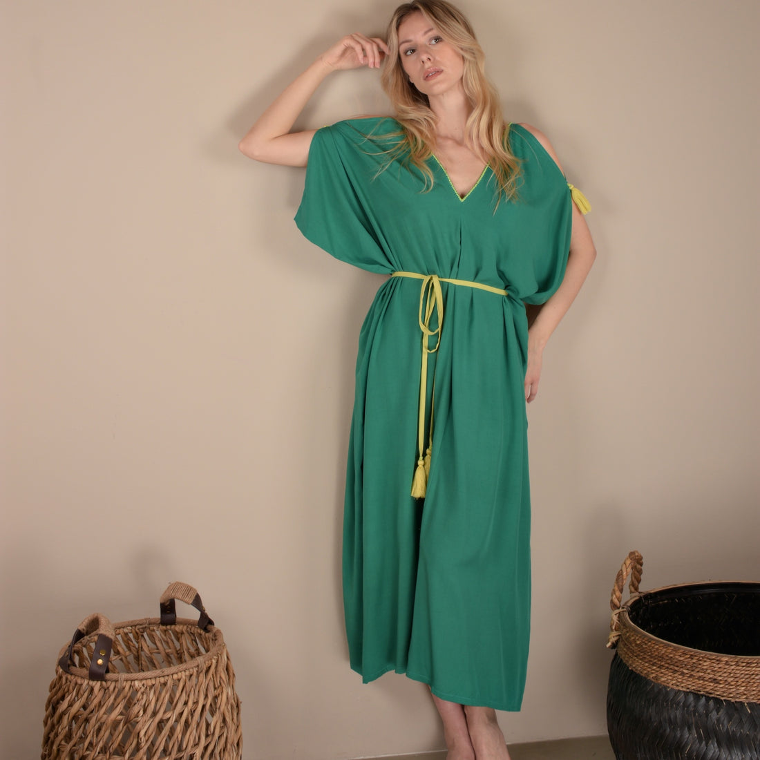 Green maxi dress and lime tassels and belt