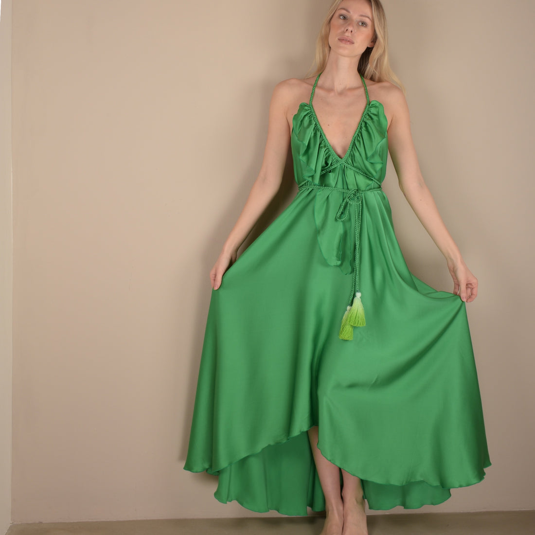 Silk maxi dress green forest