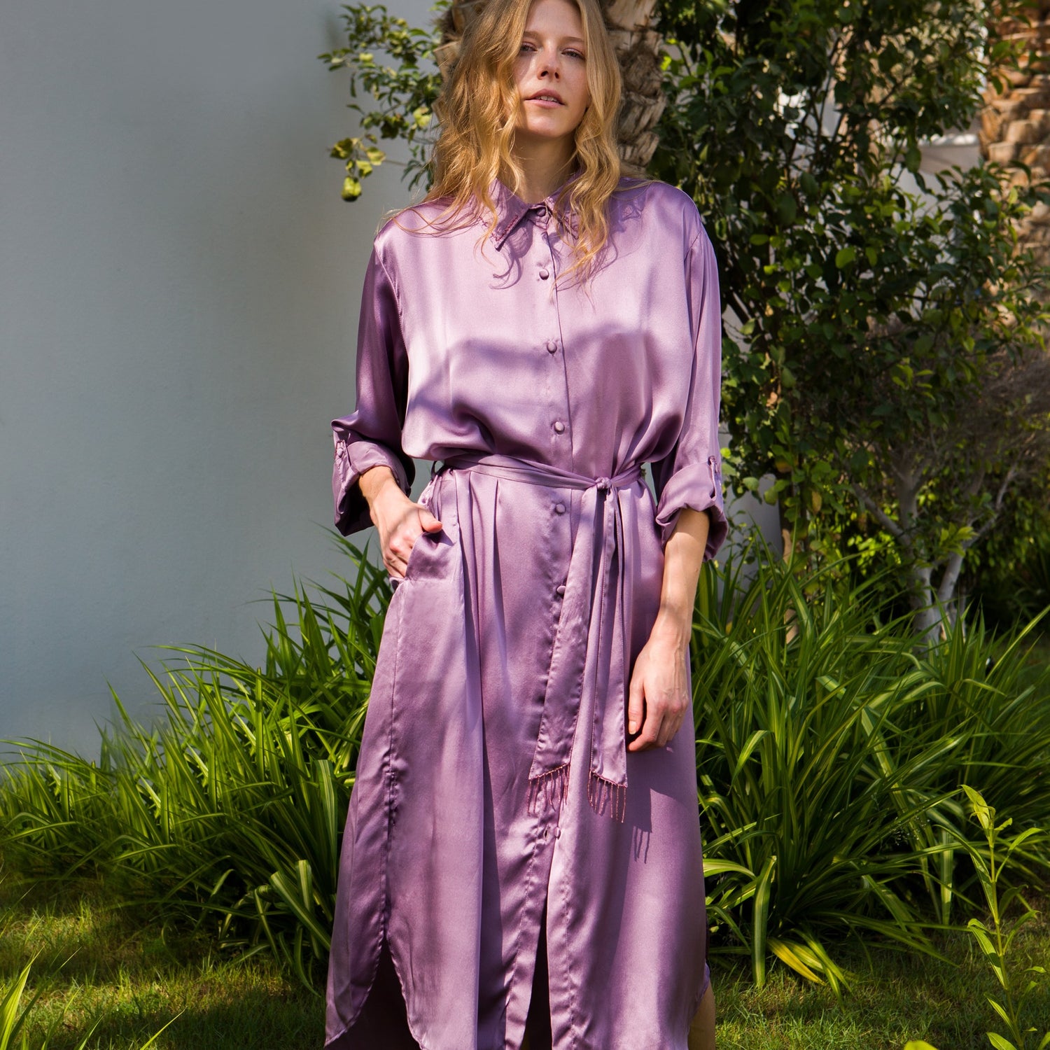 Luxurious silk charmeuse shirt dress for refined style"