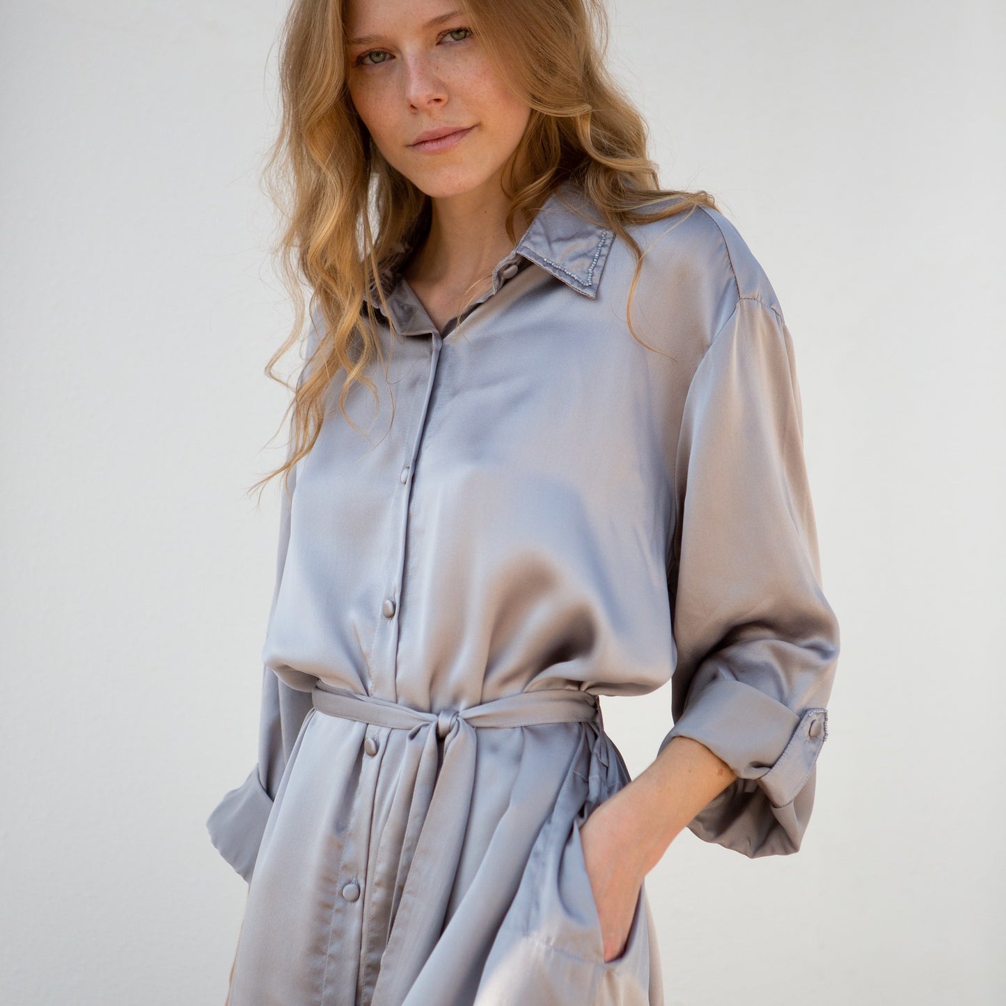 Elegant hand-dyed silk shirt dress in silver with button-up front