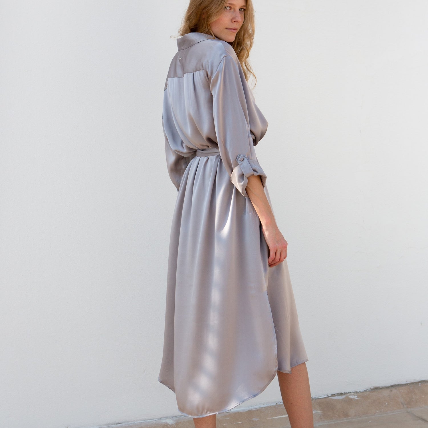 Elegant silk shirt dress in Silver with button-up front.