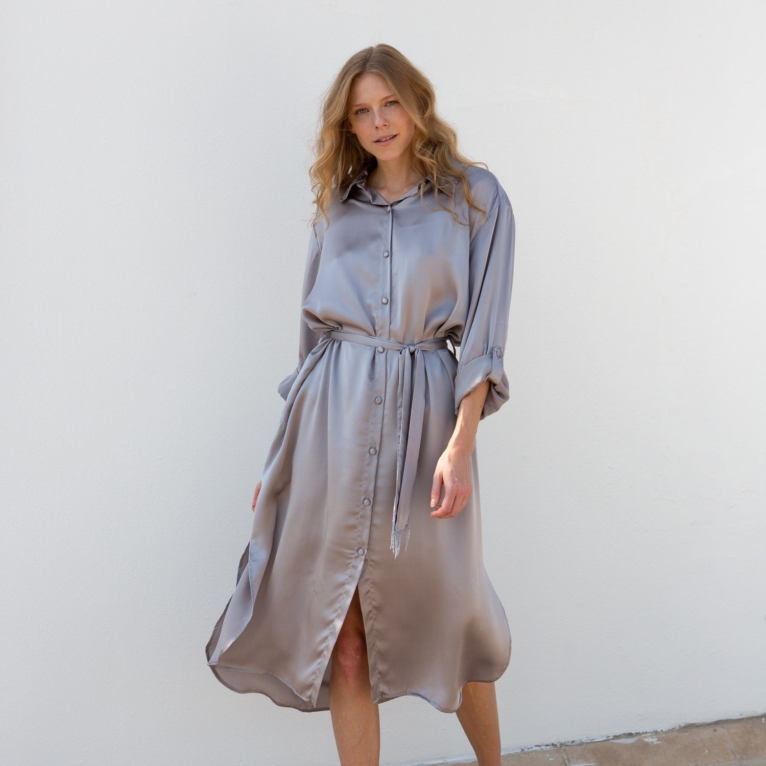 Elegant silk shirt dress in Silver with button-up front.