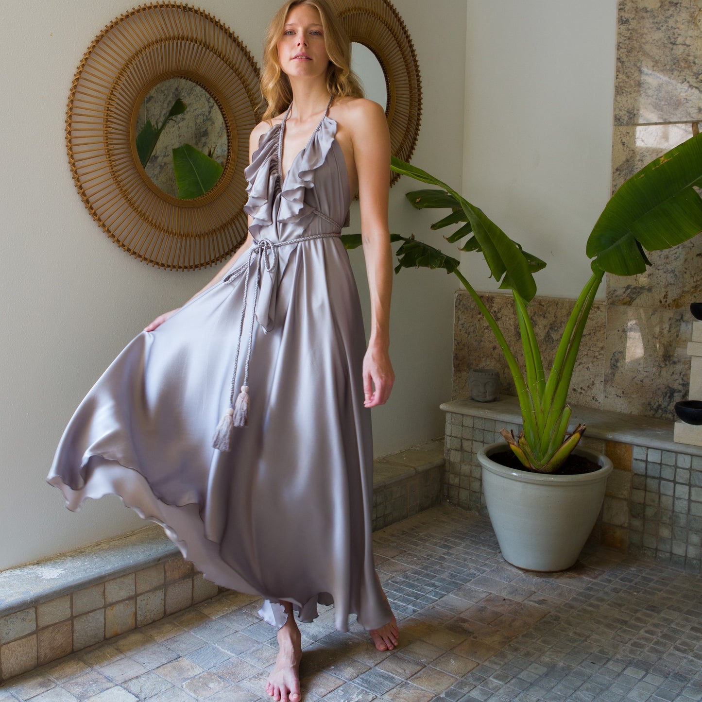 Artisan Hand-Dyed Silk Maxi Dress in silver.